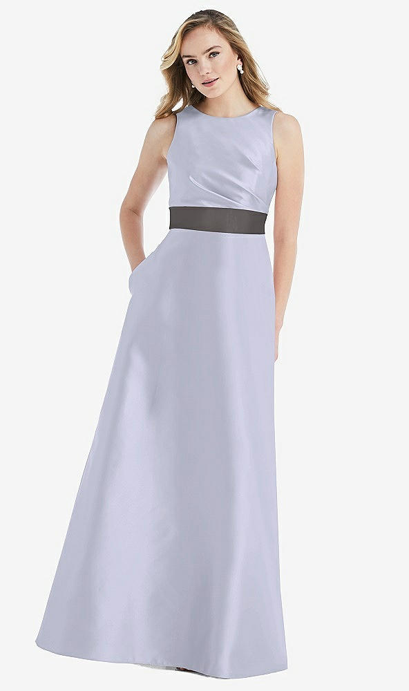 Front View - Silver Dove & Caviar Gray High-Neck Asymmetrical Shirred Satin Maxi Dress with Pockets