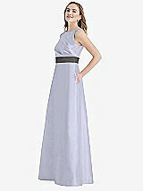 Side View Thumbnail - Silver Dove & Caviar Gray High-Neck Asymmetrical Shirred Satin Maxi Dress with Pockets