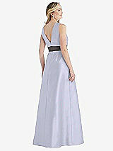 Rear View Thumbnail - Silver Dove & Caviar Gray High-Neck Asymmetrical Shirred Satin Maxi Dress with Pockets