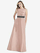 Front View Thumbnail - Toasted Sugar & Caviar Gray High-Neck Asymmetrical Shirred Satin Maxi Dress with Pockets