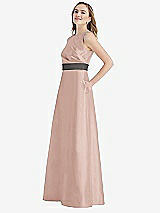 Side View Thumbnail - Toasted Sugar & Caviar Gray High-Neck Asymmetrical Shirred Satin Maxi Dress with Pockets