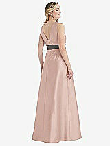 Rear View Thumbnail - Toasted Sugar & Caviar Gray High-Neck Asymmetrical Shirred Satin Maxi Dress with Pockets