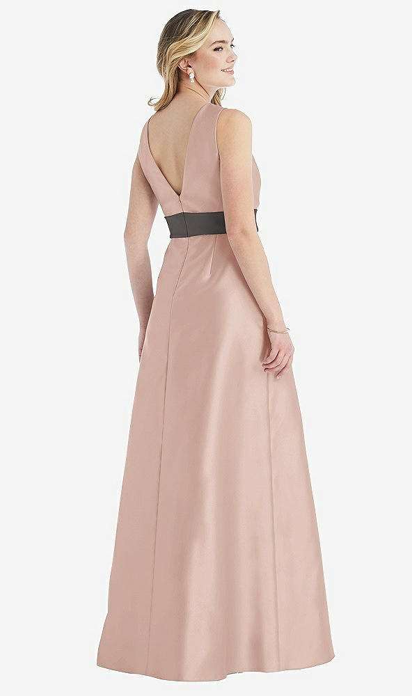 Back View - Toasted Sugar & Caviar Gray High-Neck Asymmetrical Shirred Satin Maxi Dress with Pockets