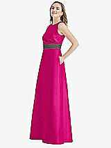 Side View Thumbnail - Think Pink & Caviar Gray High-Neck Asymmetrical Shirred Satin Maxi Dress with Pockets