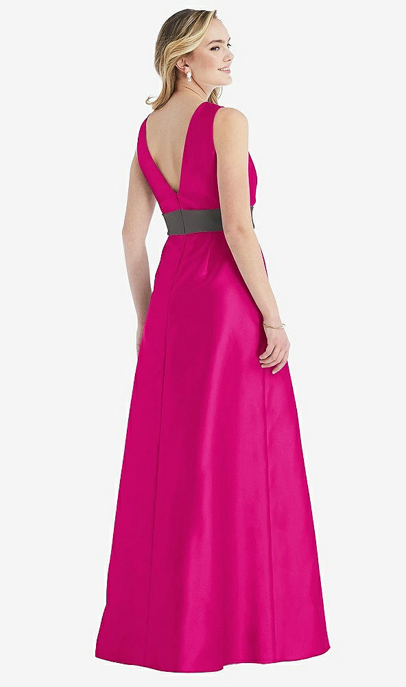 Back View - Think Pink & Caviar Gray High-Neck Asymmetrical Shirred Satin Maxi Dress with Pockets