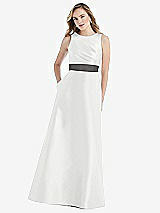 Front View Thumbnail - White & Caviar Gray High-Neck Asymmetrical Shirred Satin Maxi Dress with Pockets