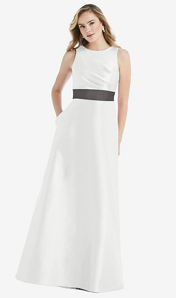 Front View - White & Caviar Gray High-Neck Asymmetrical Shirred Satin Maxi Dress with Pockets