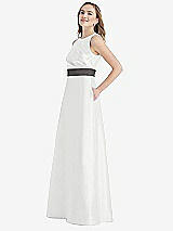 Side View Thumbnail - White & Caviar Gray High-Neck Asymmetrical Shirred Satin Maxi Dress with Pockets