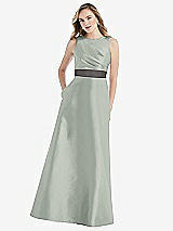 Front View Thumbnail - Willow Green & Caviar Gray High-Neck Asymmetrical Shirred Satin Maxi Dress with Pockets