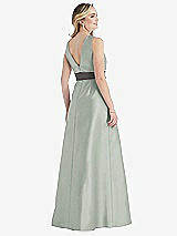 Rear View Thumbnail - Willow Green & Caviar Gray High-Neck Asymmetrical Shirred Satin Maxi Dress with Pockets