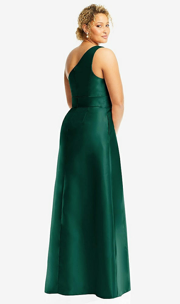 Back View - Hunter Green & Hunter Green Draped One-Shoulder Satin Maxi Dress with Pockets
