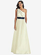 Alt View 1 Thumbnail - Butter Yellow & Midnight Navy Draped One-Shoulder Satin Maxi Dress with Pockets