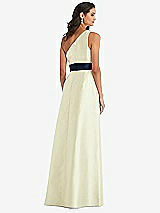 Alt View 3 Thumbnail - Butter Yellow & Midnight Navy Draped One-Shoulder Satin Maxi Dress with Pockets