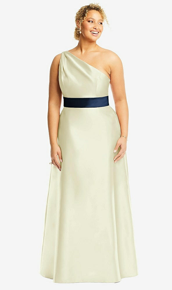 Front View - Butter Yellow & Midnight Navy Draped One-Shoulder Satin Maxi Dress with Pockets