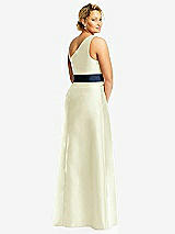 Rear View Thumbnail - Butter Yellow & Midnight Navy Draped One-Shoulder Satin Maxi Dress with Pockets