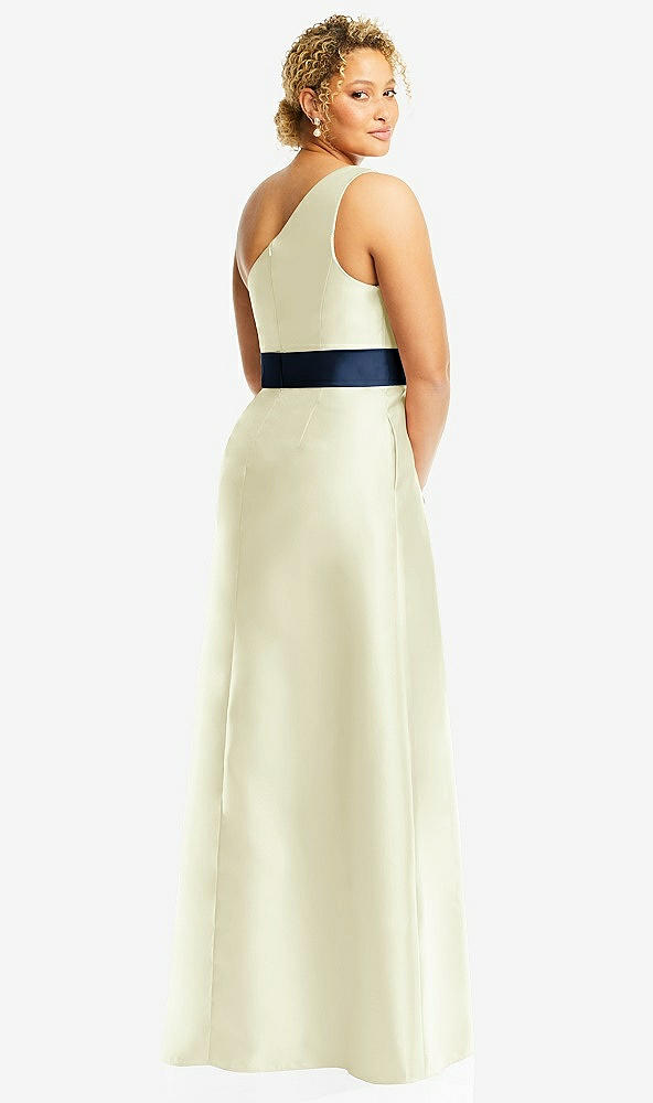 Back View - Butter Yellow & Midnight Navy Draped One-Shoulder Satin Maxi Dress with Pockets