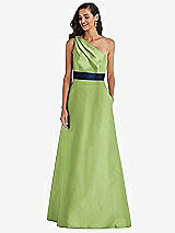 Alt View 1 Thumbnail - Mojito & Midnight Navy Draped One-Shoulder Satin Maxi Dress with Pockets