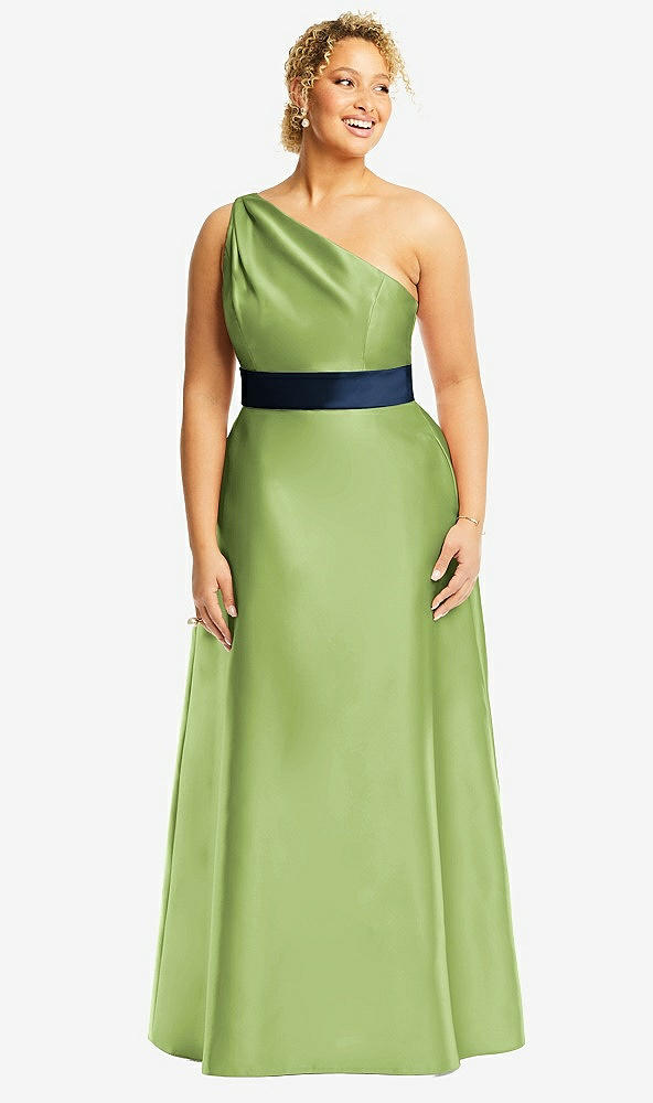 Front View - Mojito & Midnight Navy Draped One-Shoulder Satin Maxi Dress with Pockets
