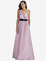 Alt View 1 Thumbnail - Suede Rose & Midnight Navy Draped One-Shoulder Satin Maxi Dress with Pockets