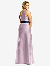 Rear View Thumbnail - Suede Rose & Midnight Navy Draped One-Shoulder Satin Maxi Dress with Pockets