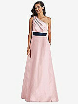Alt View 1 Thumbnail - Ballet Pink & Midnight Navy Draped One-Shoulder Satin Maxi Dress with Pockets