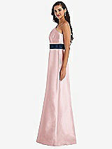 Alt View 2 Thumbnail - Ballet Pink & Midnight Navy Draped One-Shoulder Satin Maxi Dress with Pockets