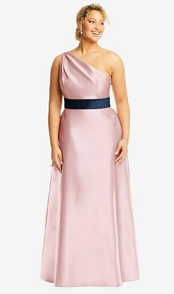 Front View - Ballet Pink & Midnight Navy Draped One-Shoulder Satin Maxi Dress with Pockets