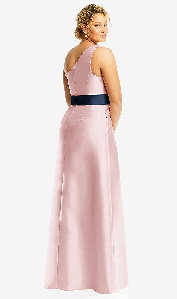 Back View - Ballet Pink & Midnight Navy Draped One-Shoulder Satin Maxi Dress with Pockets