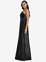 Alt View 2 Thumbnail - Black & Midnight Navy Draped One-Shoulder Satin Maxi Dress with Pockets