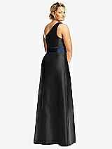 Rear View Thumbnail - Black & Midnight Navy Draped One-Shoulder Satin Maxi Dress with Pockets