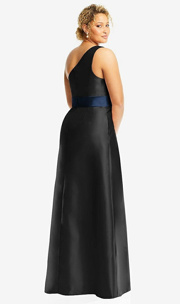 Back View - Black & Midnight Navy Draped One-Shoulder Satin Maxi Dress with Pockets