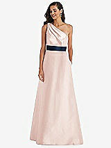 Alt View 1 Thumbnail - Blush & Midnight Navy Draped One-Shoulder Satin Maxi Dress with Pockets