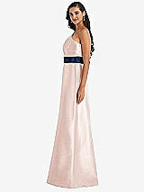 Alt View 2 Thumbnail - Blush & Midnight Navy Draped One-Shoulder Satin Maxi Dress with Pockets