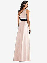 Alt View 3 Thumbnail - Blush & Midnight Navy Draped One-Shoulder Satin Maxi Dress with Pockets