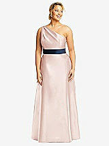 Front View Thumbnail - Blush & Midnight Navy Draped One-Shoulder Satin Maxi Dress with Pockets