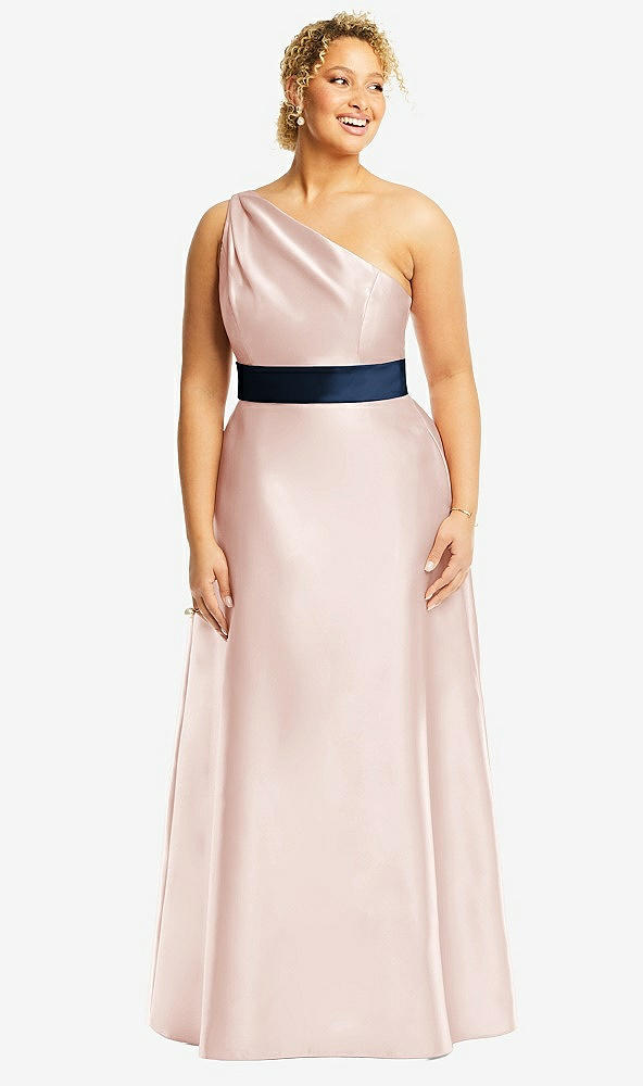 Front View - Blush & Midnight Navy Draped One-Shoulder Satin Maxi Dress with Pockets