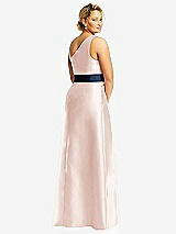 Rear View Thumbnail - Blush & Midnight Navy Draped One-Shoulder Satin Maxi Dress with Pockets