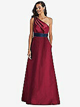 Alt View 1 Thumbnail - Burgundy & Midnight Navy Draped One-Shoulder Satin Maxi Dress with Pockets