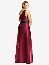 Rear View Thumbnail - Burgundy & Midnight Navy Draped One-Shoulder Satin Maxi Dress with Pockets