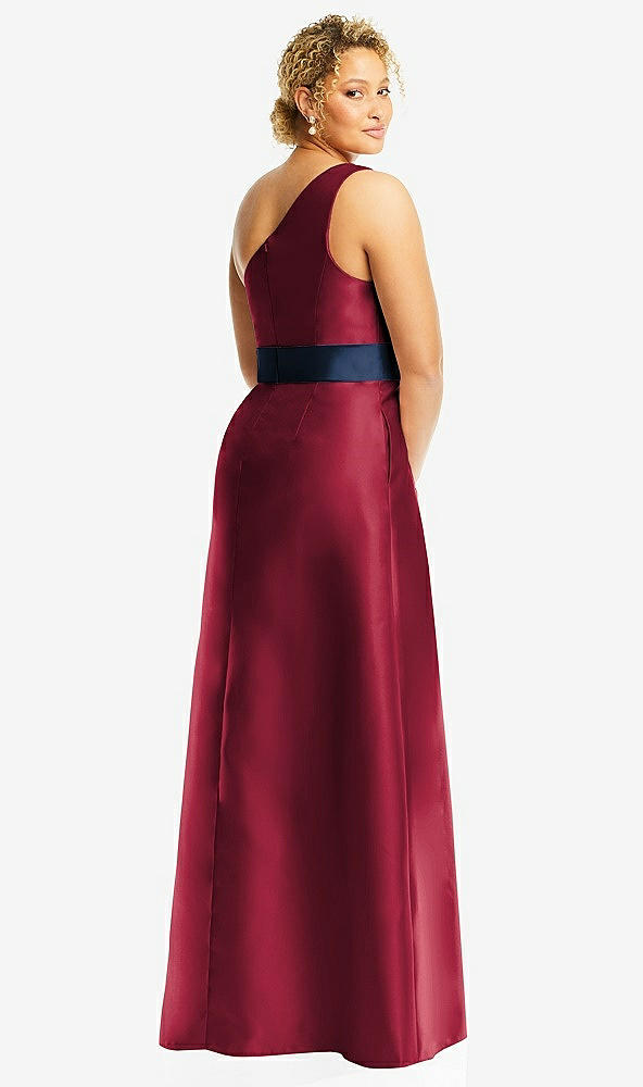 Back View - Burgundy & Midnight Navy Draped One-Shoulder Satin Maxi Dress with Pockets