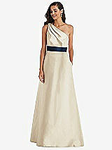 Alt View 1 Thumbnail - Champagne & Midnight Navy Draped One-Shoulder Satin Maxi Dress with Pockets