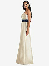 Alt View 2 Thumbnail - Champagne & Midnight Navy Draped One-Shoulder Satin Maxi Dress with Pockets