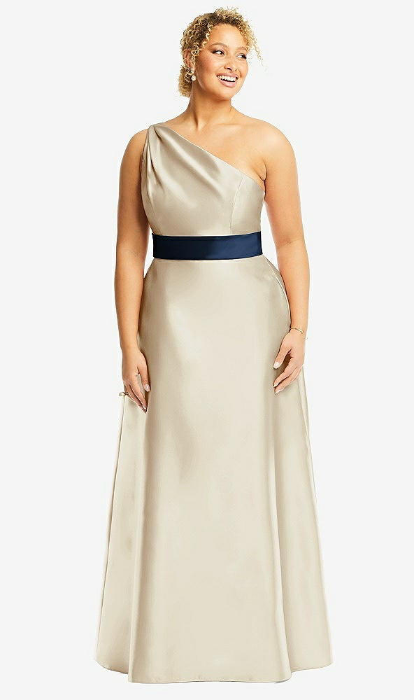 Front View - Champagne & Midnight Navy Draped One-Shoulder Satin Maxi Dress with Pockets