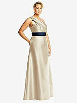 Side View Thumbnail - Champagne & Midnight Navy Draped One-Shoulder Satin Maxi Dress with Pockets