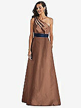 Alt View 1 Thumbnail - Cognac & Midnight Navy Draped One-Shoulder Satin Maxi Dress with Pockets