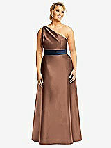 Front View Thumbnail - Cognac & Midnight Navy Draped One-Shoulder Satin Maxi Dress with Pockets