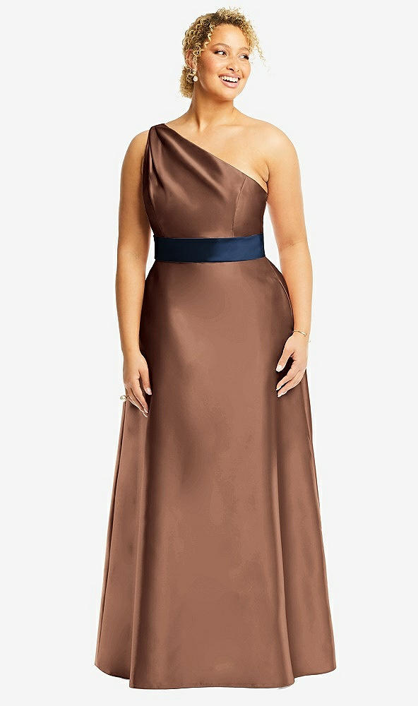Front View - Cognac & Midnight Navy Draped One-Shoulder Satin Maxi Dress with Pockets