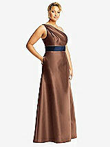 Side View Thumbnail - Cognac & Midnight Navy Draped One-Shoulder Satin Maxi Dress with Pockets