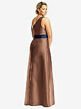 Rear View Thumbnail - Cognac & Midnight Navy Draped One-Shoulder Satin Maxi Dress with Pockets