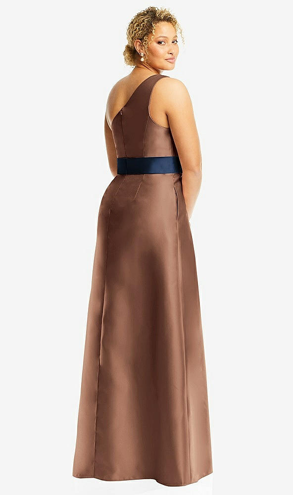 Back View - Cognac & Midnight Navy Draped One-Shoulder Satin Maxi Dress with Pockets